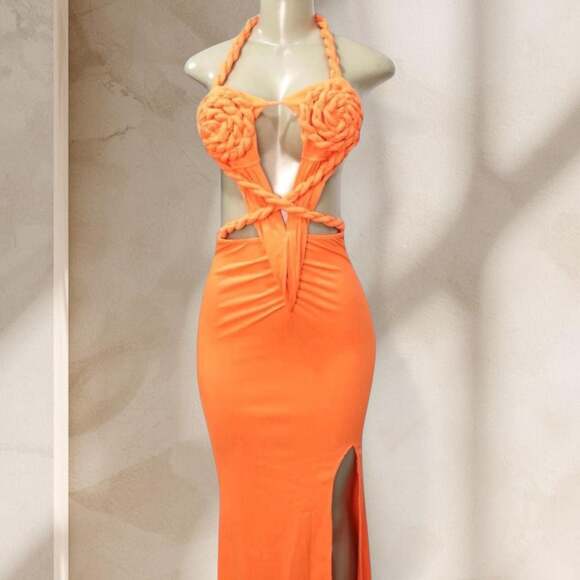 Suvia fashion Dresses & Skirts - Orange Cutout Maxi Dress – Halter Neck Braided Detail Bodycon w/ High Slit Sexy